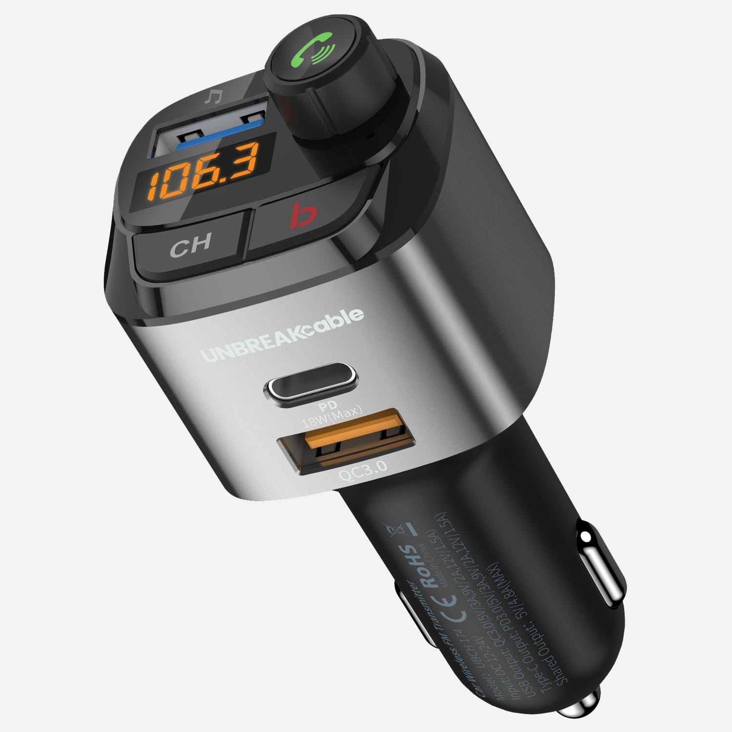 Bluetooth FM Transmitter Car USB Fast Car Charger - UNBREAKcable